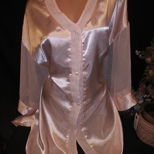 Vtg Satin Sheer Sleeve Nightie Smooth Sexy Sleep Shirt Gown 54"